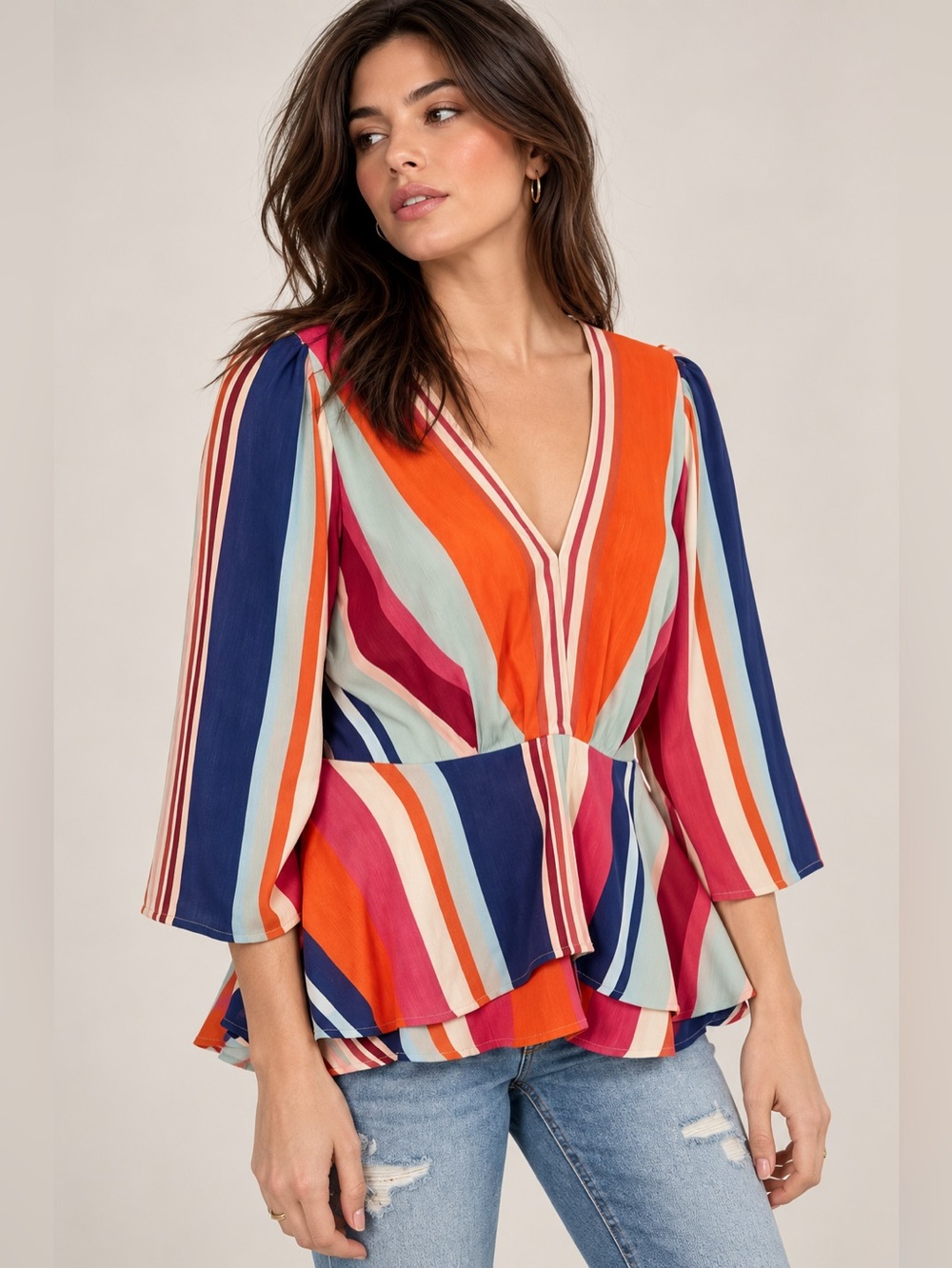 Willow and Root Ruffle Striped Top 3/4 Length Sleeves Cinched Waist Boho Size M